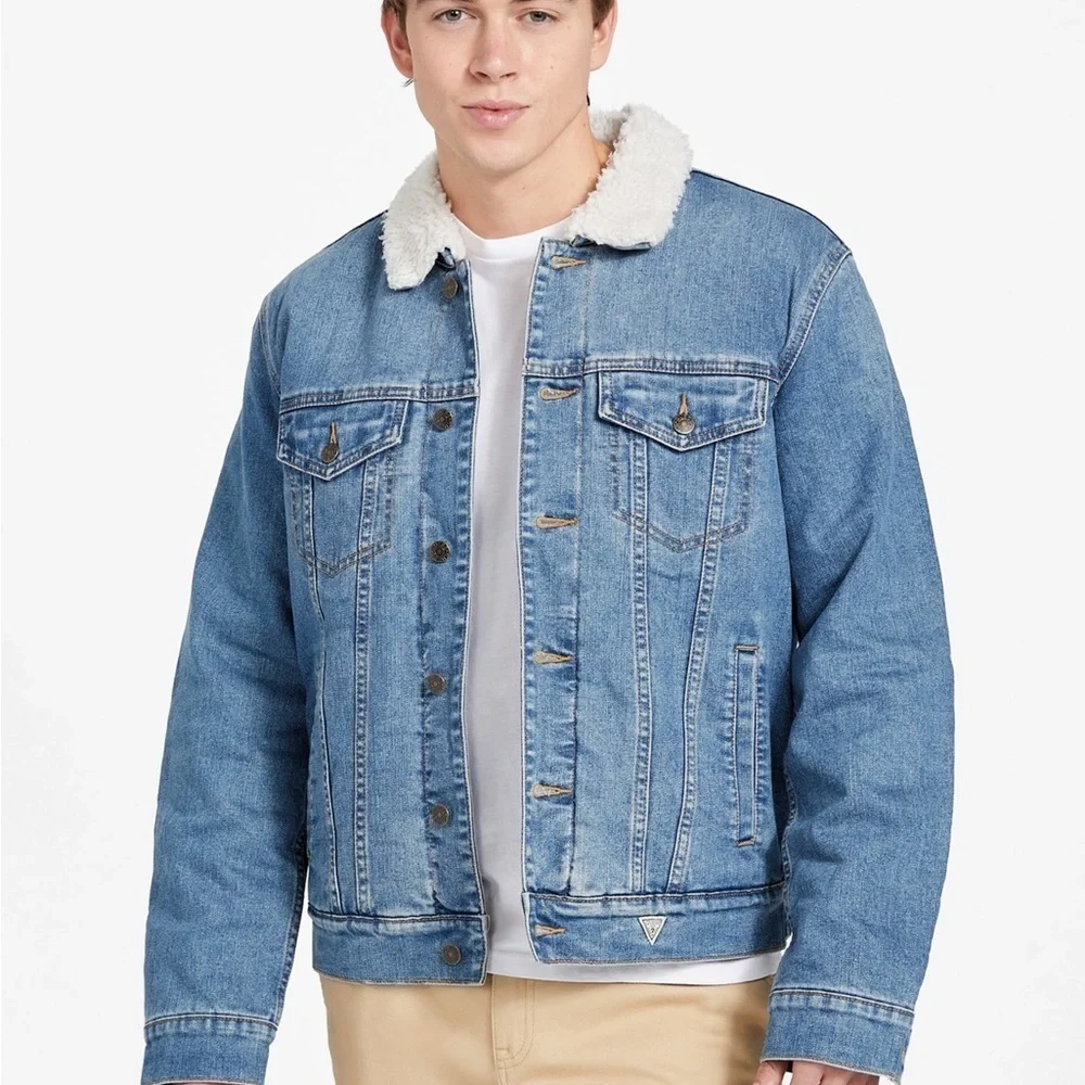 New Guess Denim Jacket with Sherpa Collar SZ XXL